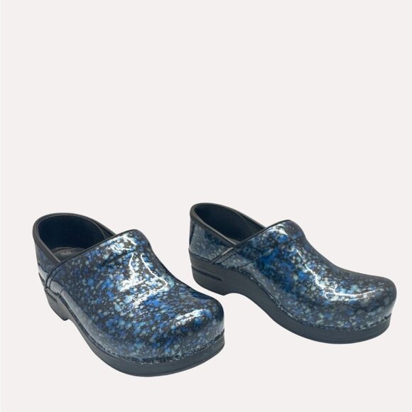 Dansko Womens 8 Professional Clogs Blue Black Patent Leather Slip-On Shoes - Picture 1 of 16